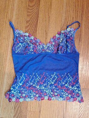 ACT International sheer soft purple mesh + floral lingerie tank top, size S